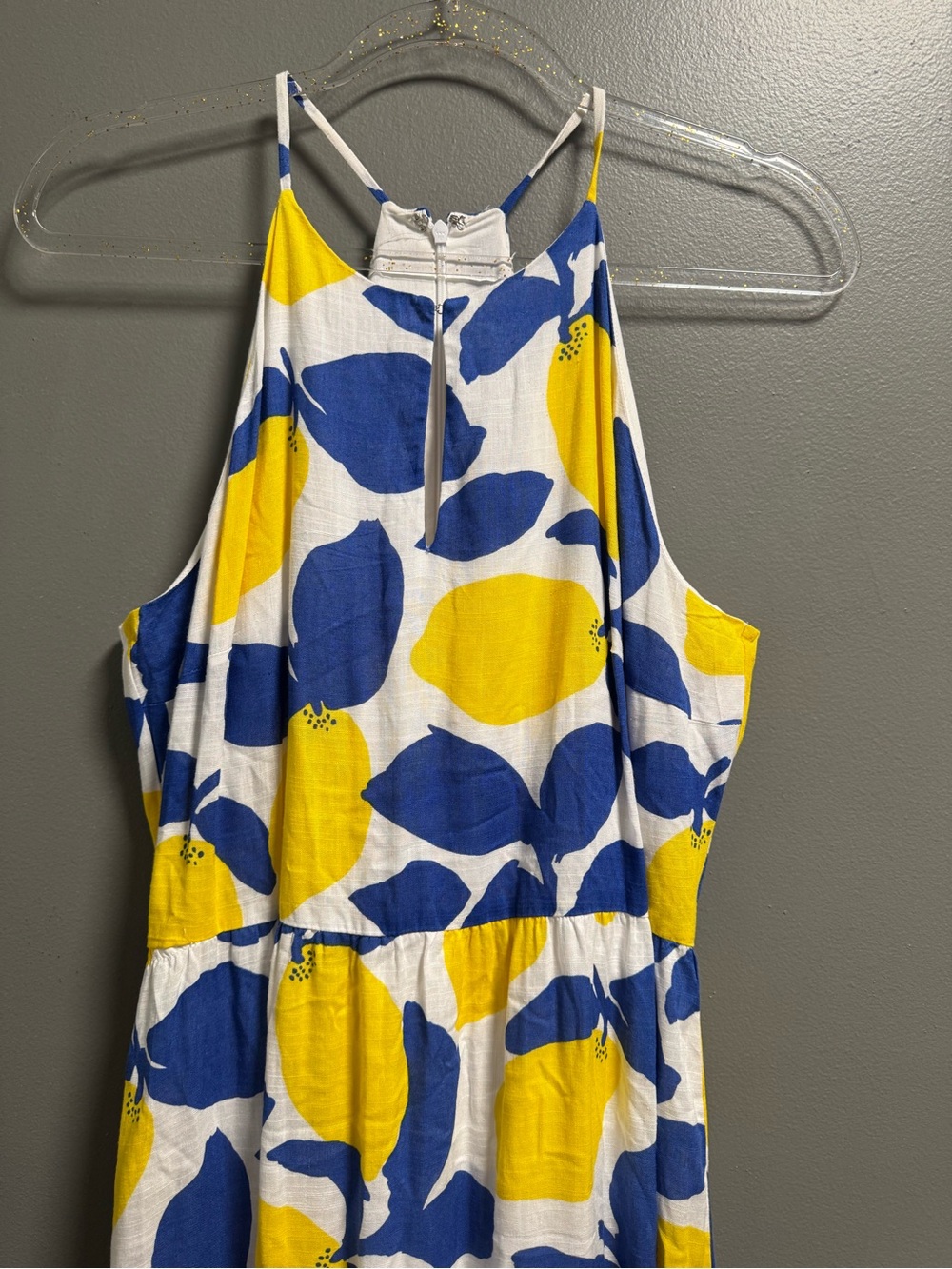 LOFT Yellow & Blue Lemon-Print Sleeveless Midi Dress Size 8 - Picture 4 of 11
